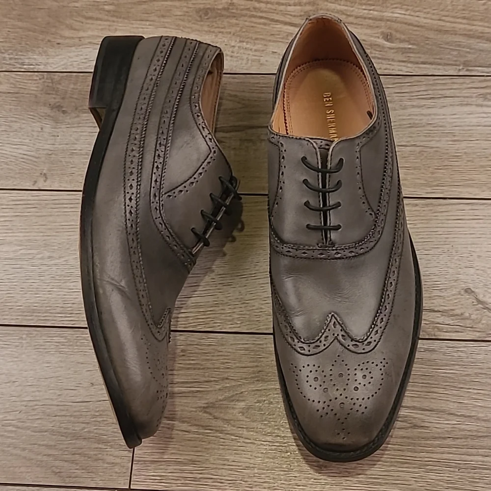 BEN SHERMAN Henry Grey Leather Classy Sz 11 Mens Long Wing Tip Shoes